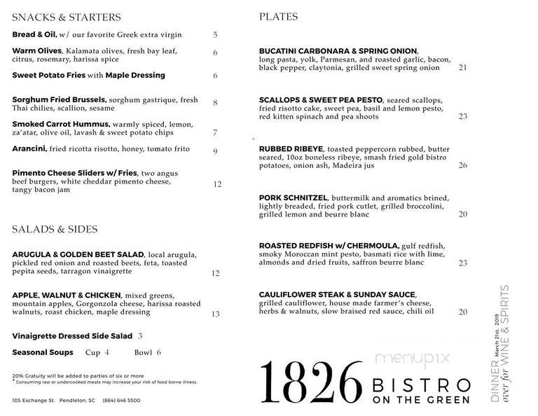 1826 Restaurant - Pendleton, SC menu_pic