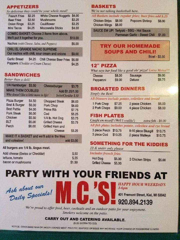 M.C.'s Pub & Grill - Kiel, WI menu_pic