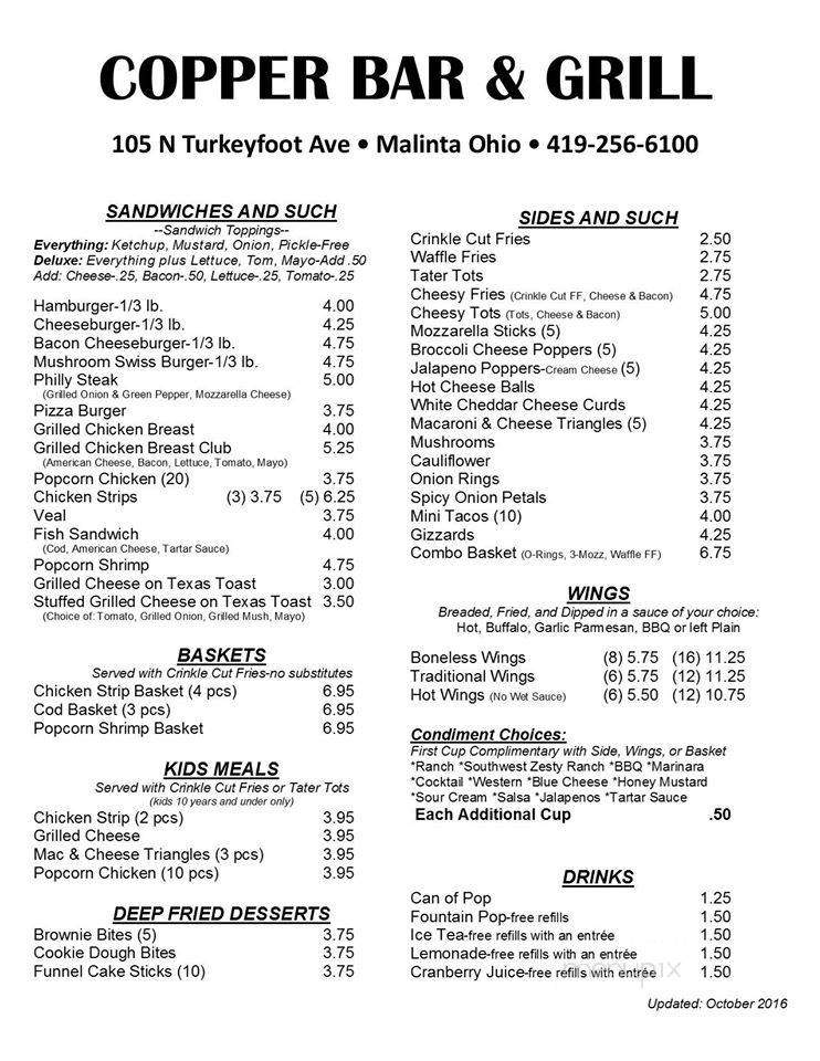 Online Menu Of Copper Bar Grill Malinta Oh