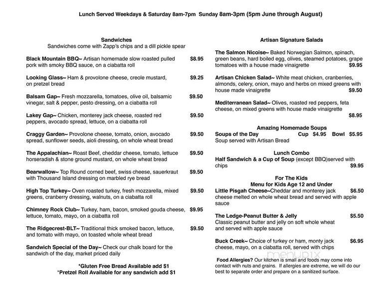 The Artisan - Black Mountain, NC menu_pic