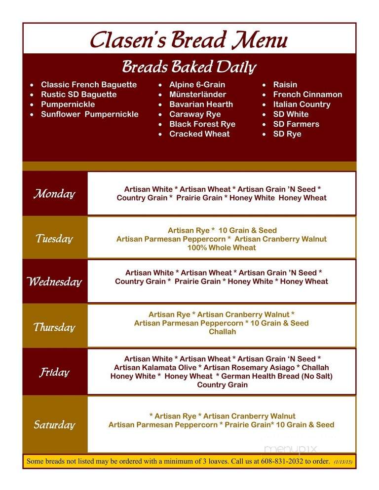 Clasen's European Bakery - Middleton, WI menu_pic