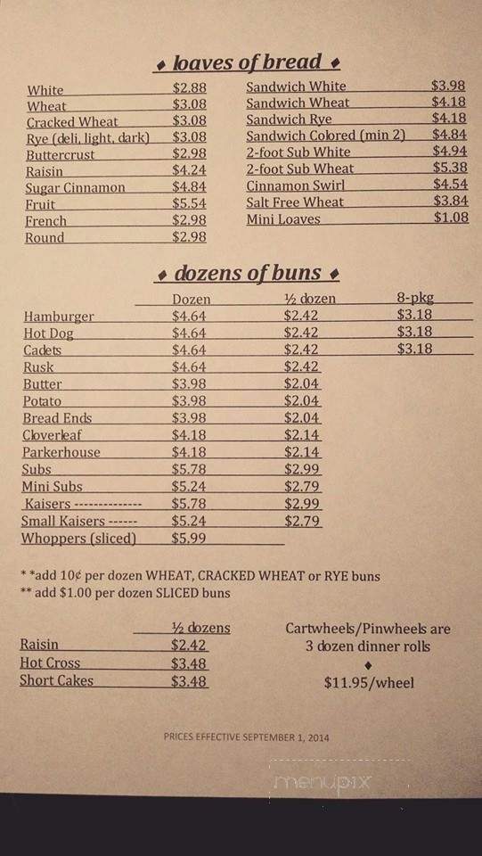 Zeeland Bakery - Zeeland, MI menu_pic