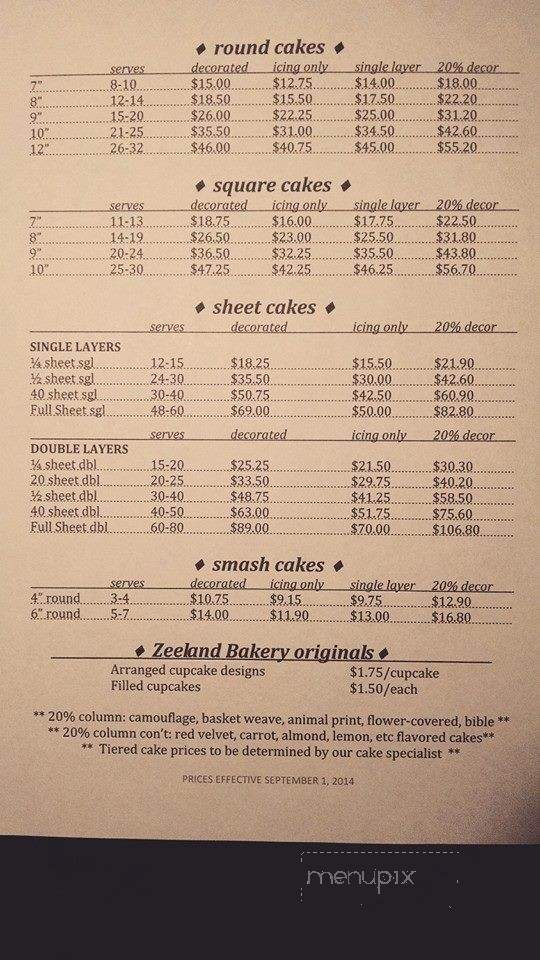 Zeeland Bakery - Zeeland, MI menu_pic