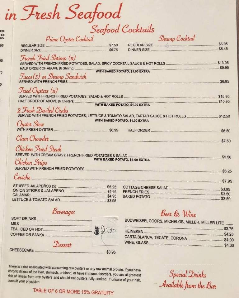 Oyster Bar I - Brownsville, TX menu_pic