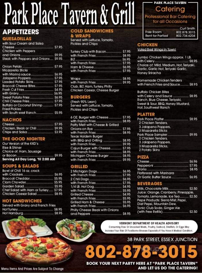 Park Place Tavern Incorporated - Essex Junction, VT menu_pic