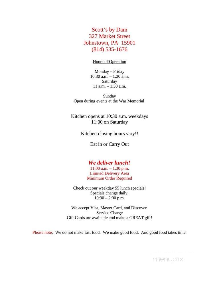 Scott's By Dam - Johnstown, PA menu_pic