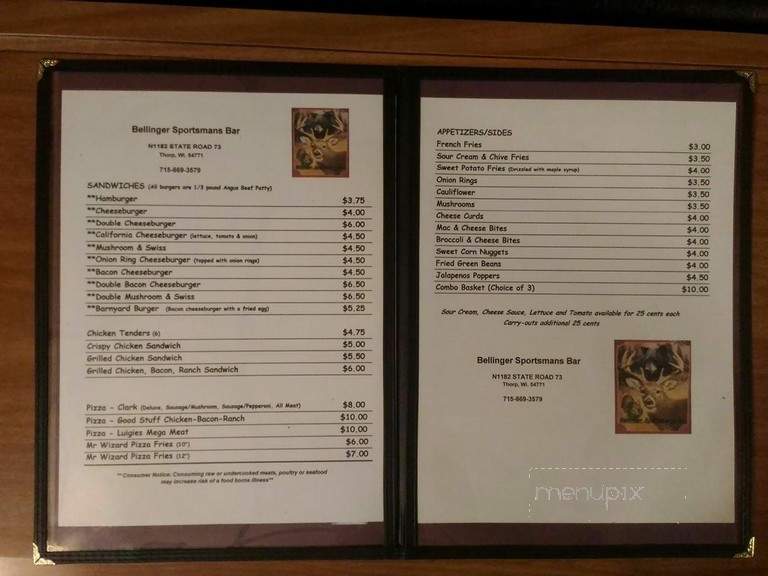 Bellinger Sportsman's Bar - Thorp, WI menu_pic
