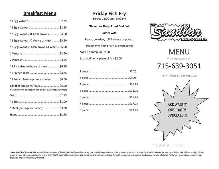 Sand Bar - Elmwood, WI menu_pic