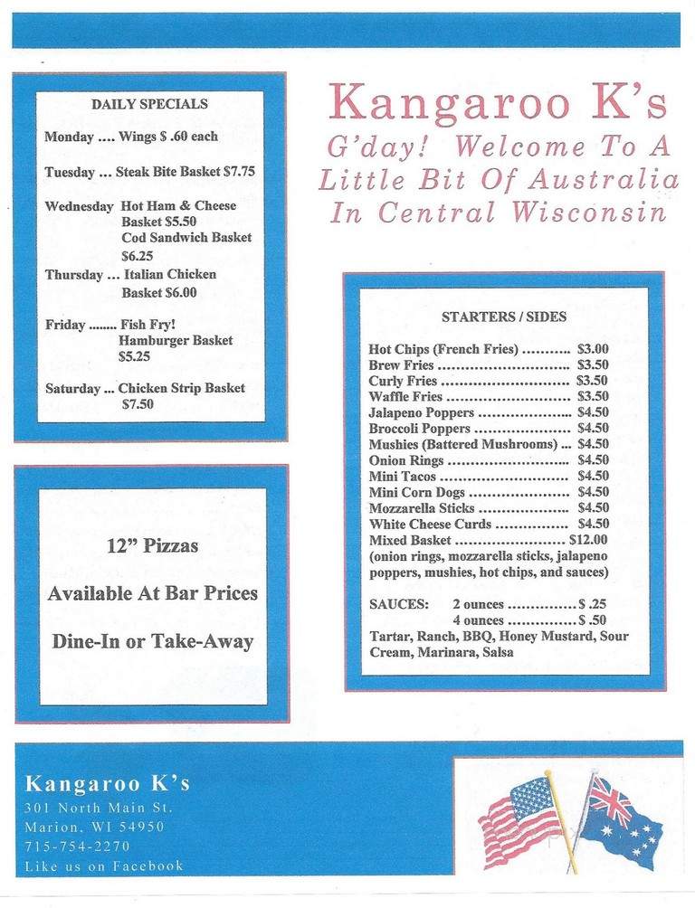 Kangaroo K's - Marion, WI menu_pic