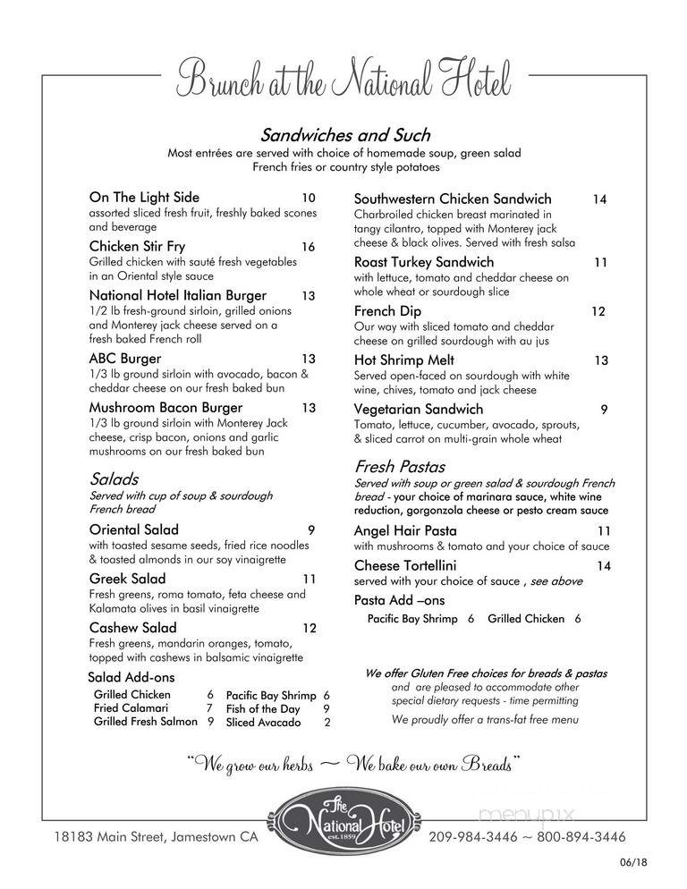National Hotel & Restaurant - Jamestown, CA menu_pic