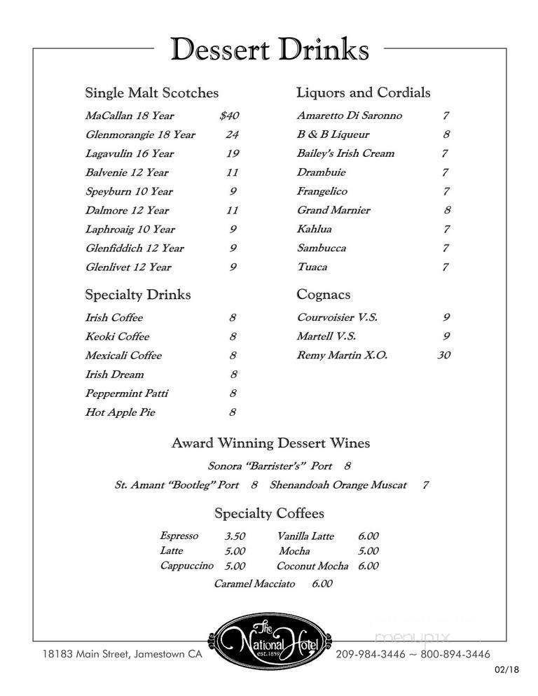 National Hotel & Restaurant - Jamestown, CA menu_pic