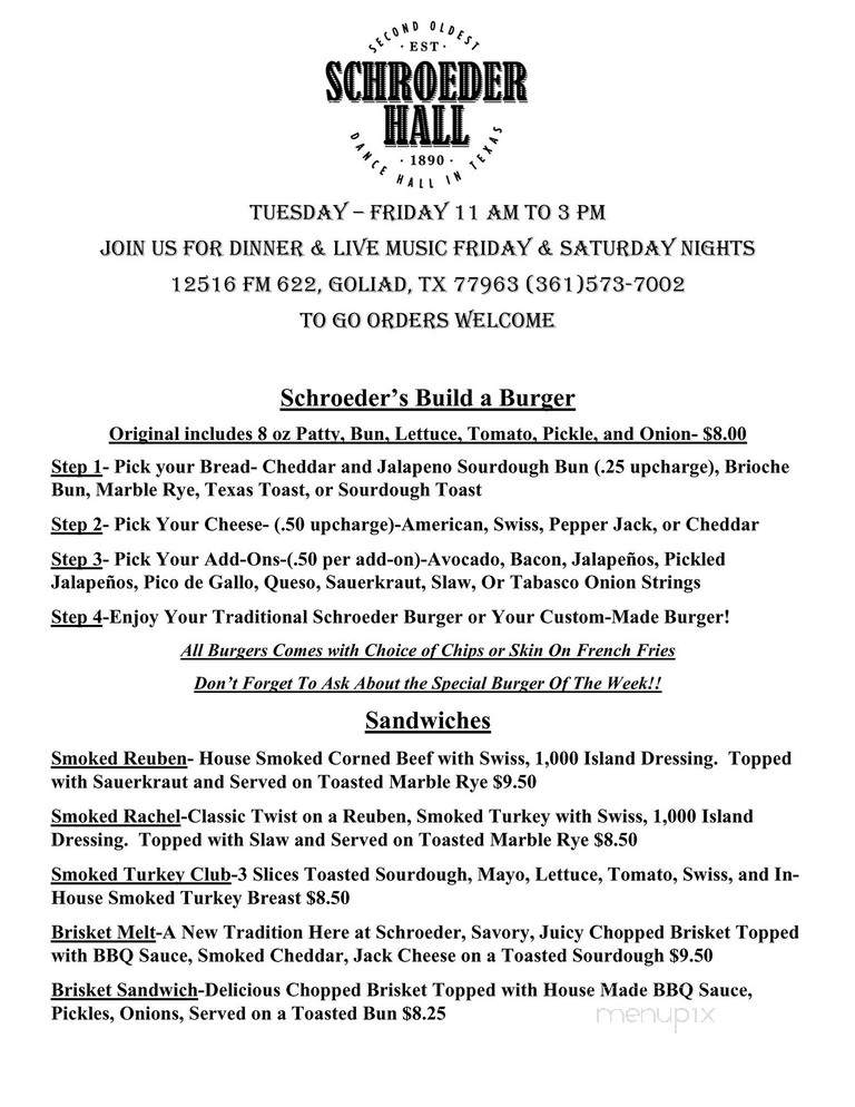 Schroeder Dance Hall - Goliad, TX menu_pic