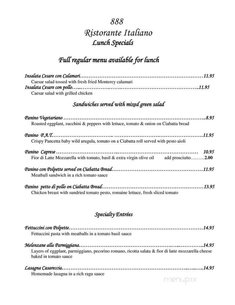 888 Ristorante Italiano - San Carlos, CA menu_pic