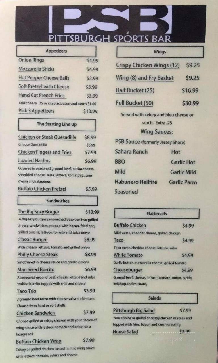 Pittsburgh Sports Bar - Castle Shannon, PA menu_pic