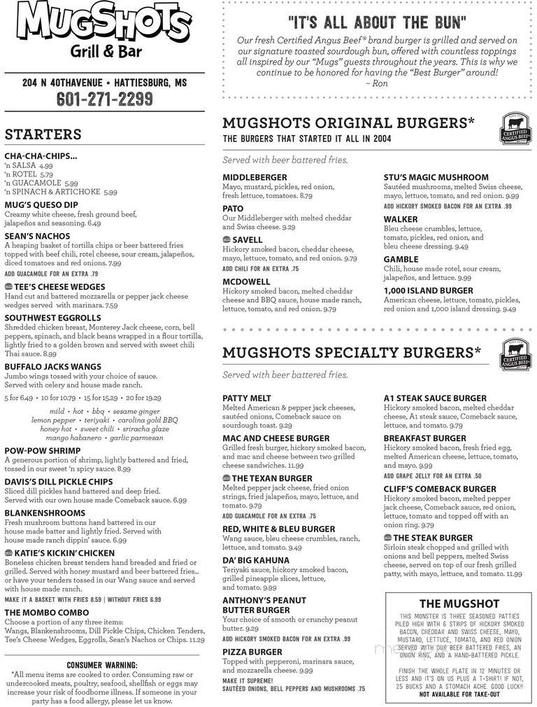 Menu of Mugshots Bar Grill in Hattiesburg MS 39401
