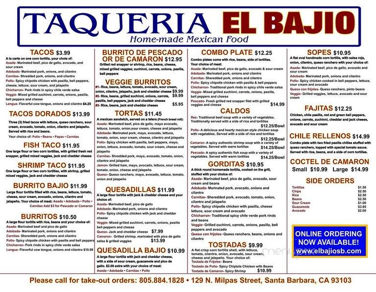 El Bajio - Santa Barbara, CA menu_pic