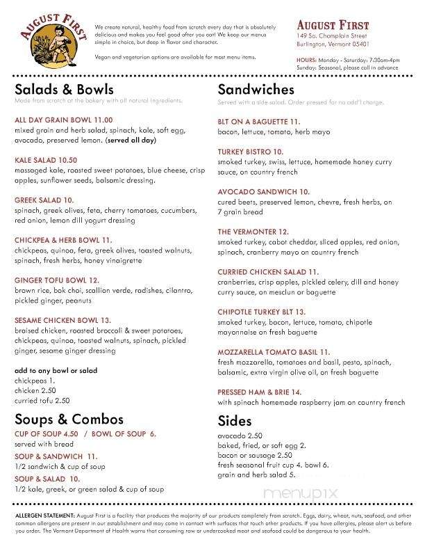 August First Bakery & Cafe - Burlington, VT menu_pic