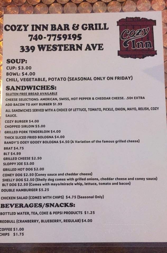 Cozy Inn Bar & Grill - Chillicothe, OH menu_pic