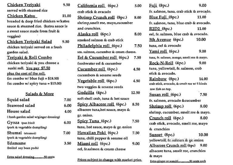 Fuji's Sushi To-Go - Spring Hill, WV menu_pic