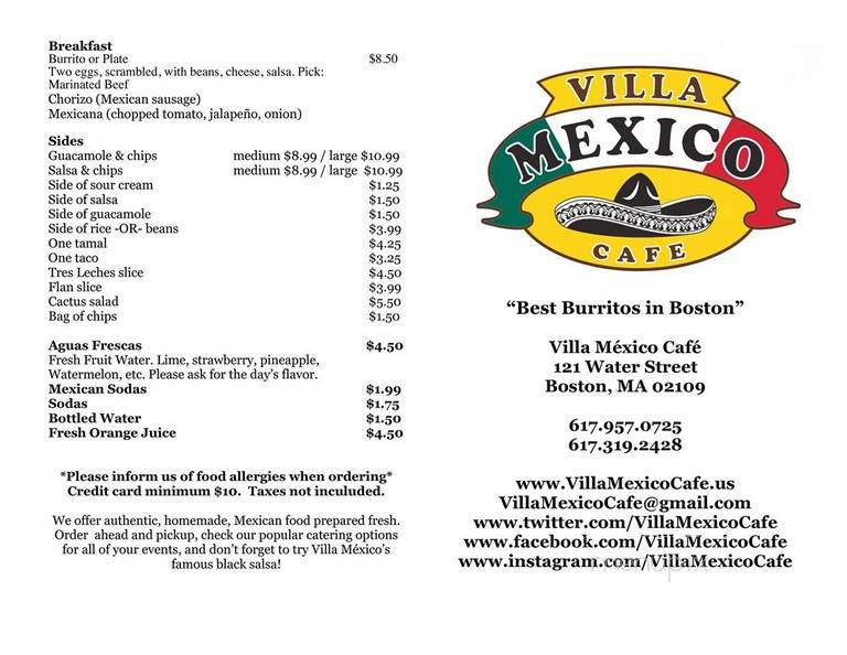 Villa Mexico Cafe - Boston, MA menu_pic