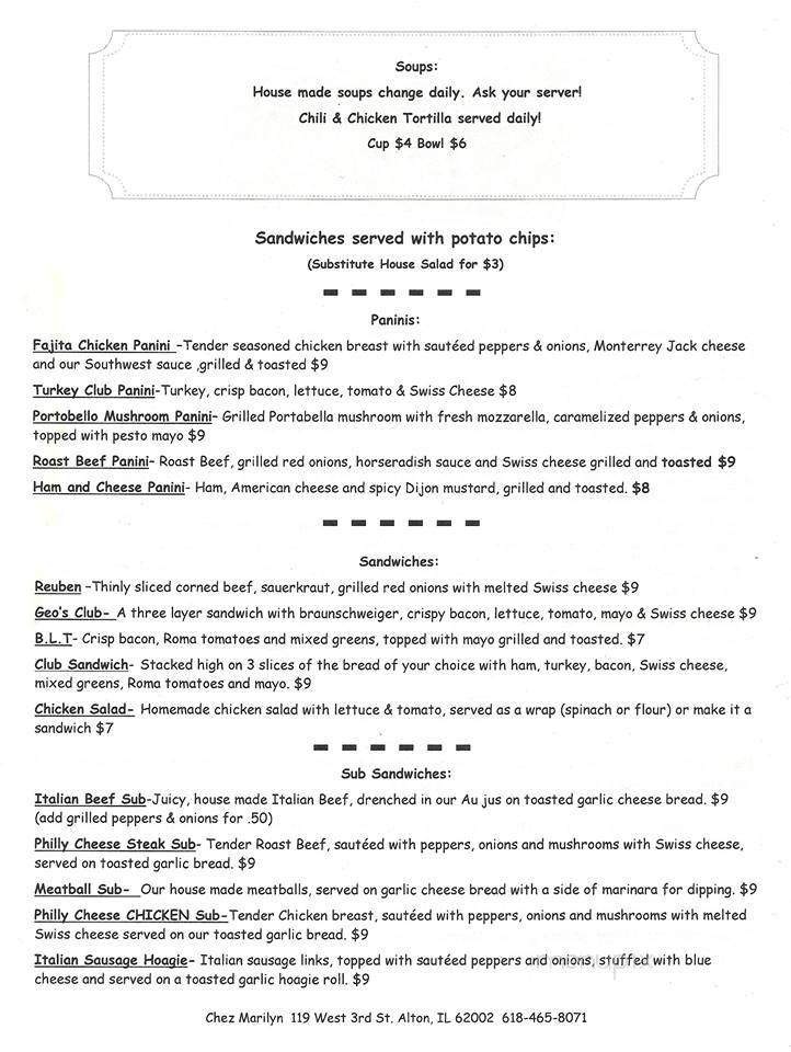 Chez Marilyn - Alton, IL menu_pic