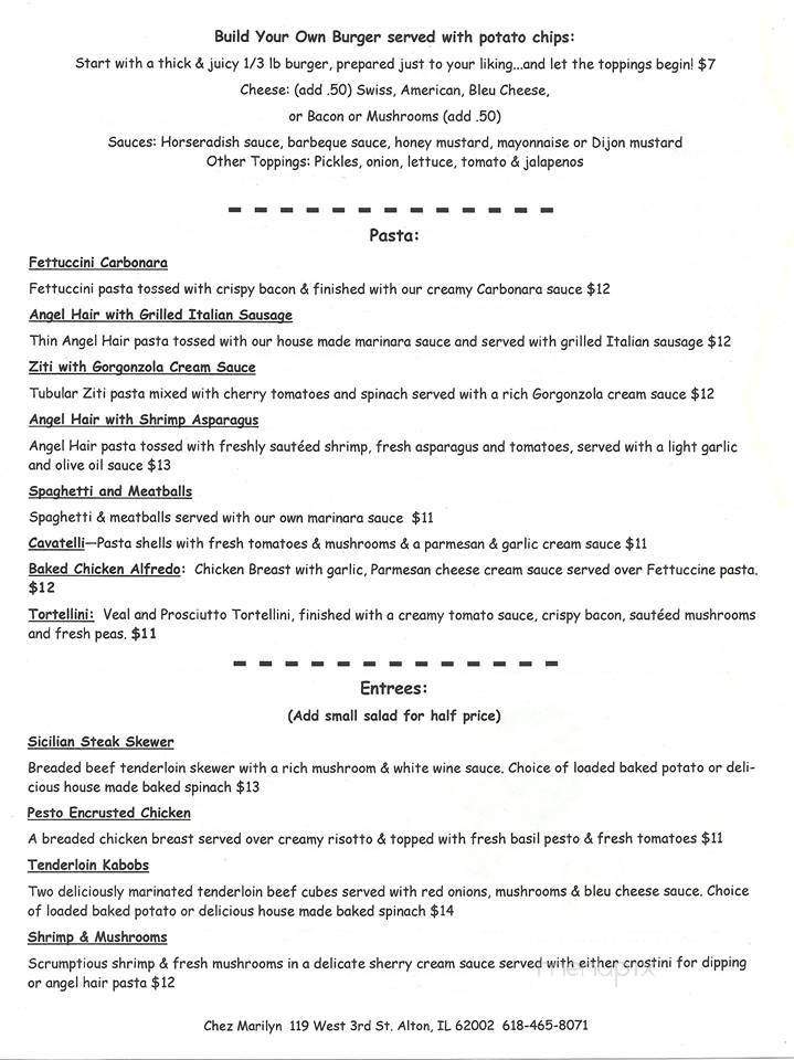 Chez Marilyn - Alton, IL menu_pic
