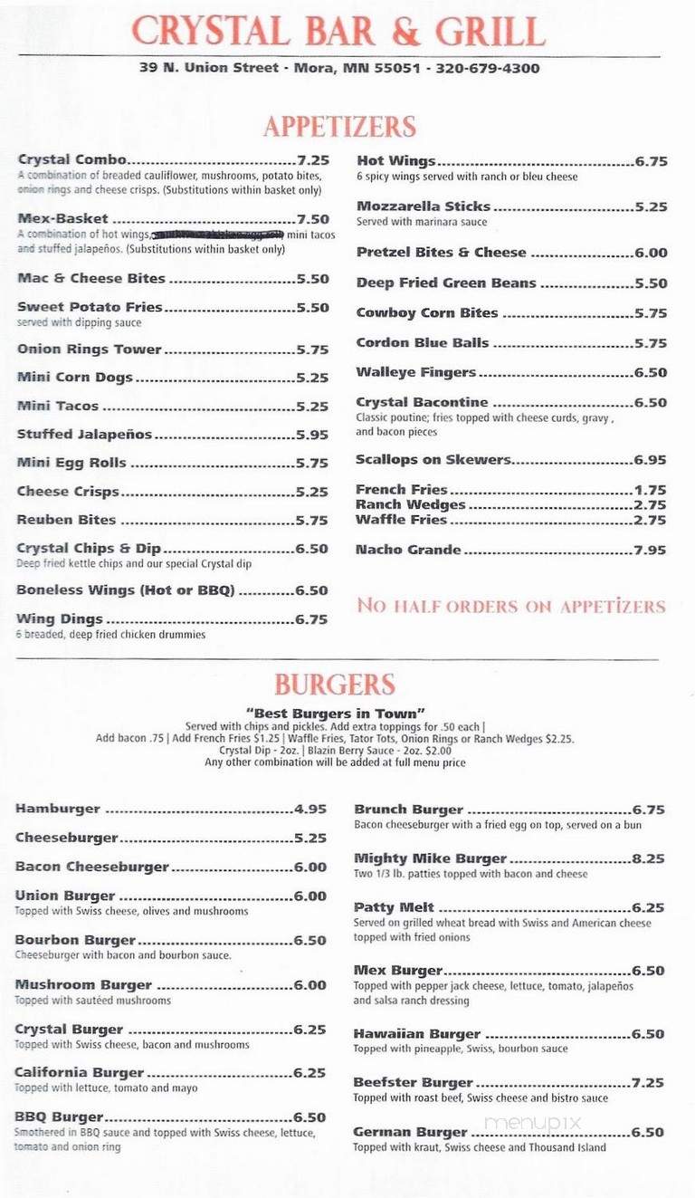 Crystal Bar & Grill - Mora, MN menu_pic