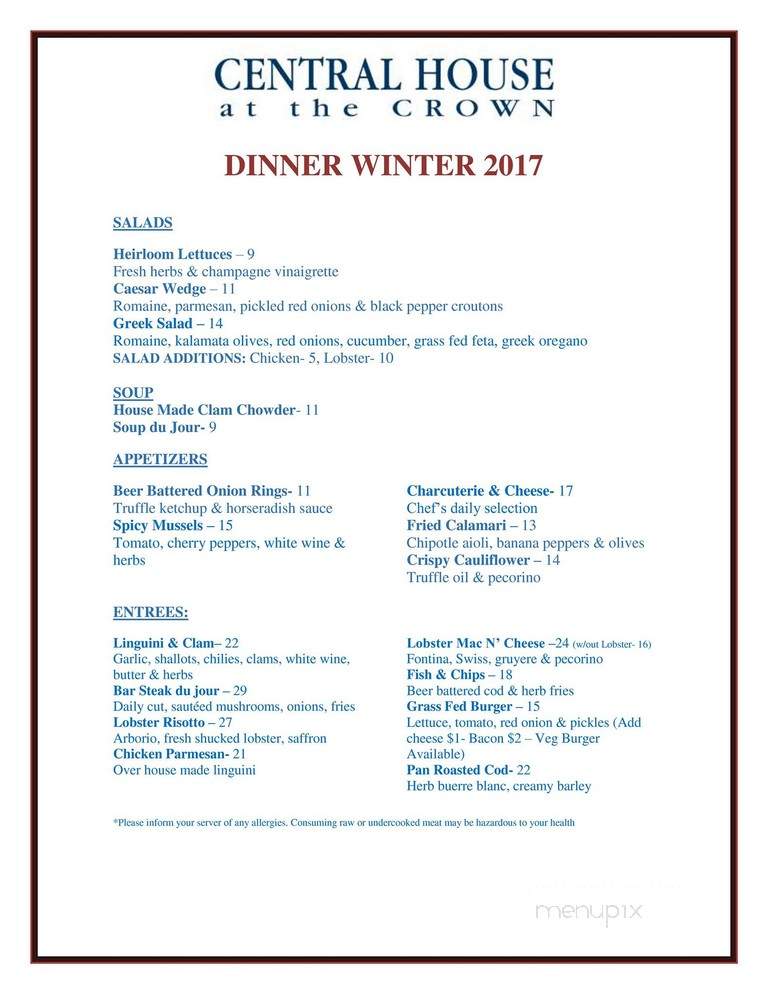 Central House Bar & Grille - Provincetown, MA menu_pic