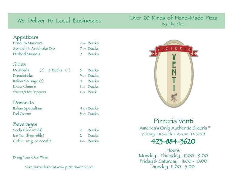 Venti - Vonore, TN menu_pic