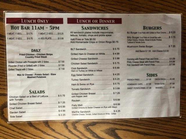 BJ's Family Restaurant - Toccoa, GA menu_pic