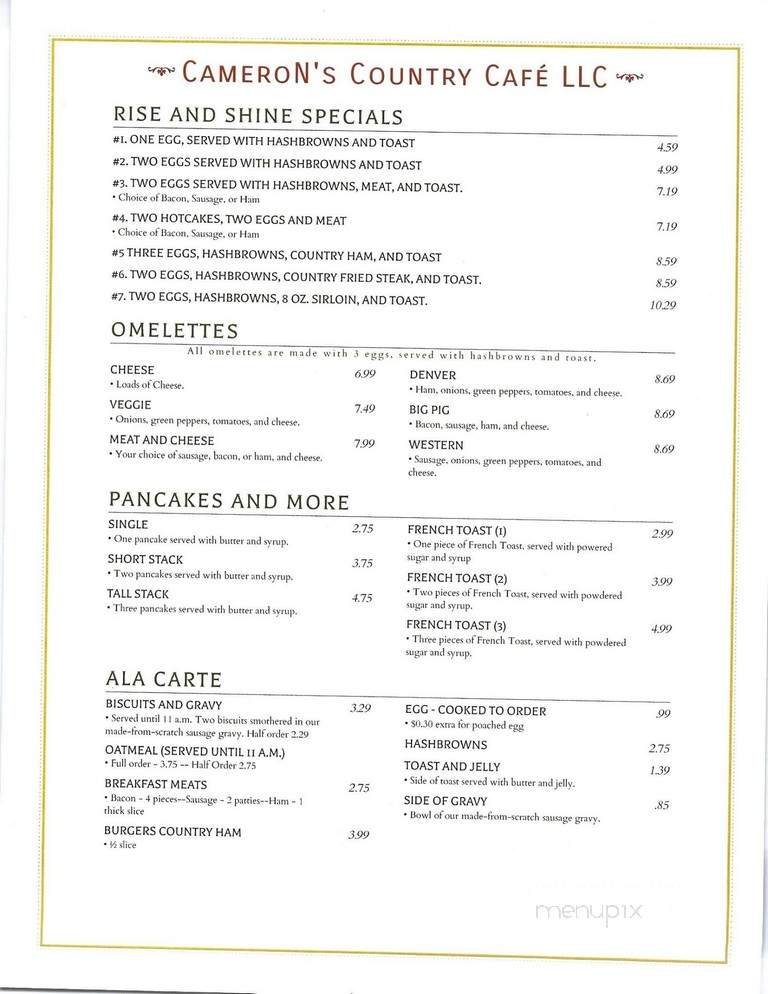 Camerons Country Cafe - Holts Summit, MO menu_pic