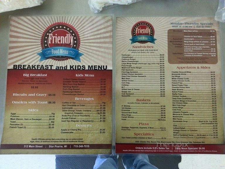 Friendly Bar Incorporated - Star Prairie, WI menu_pic