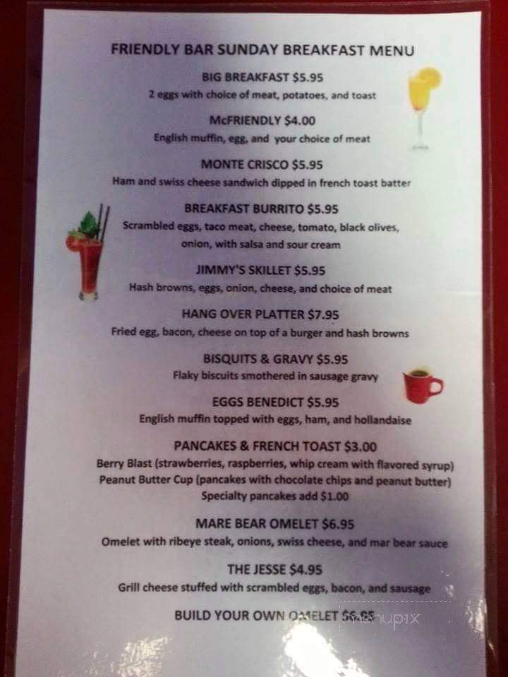 Friendly Bar Incorporated - Star Prairie, WI menu_pic
