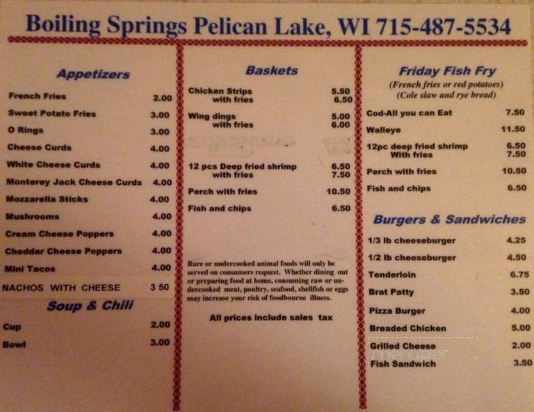 Boiling Springs - Pelican Lake, WI menu_pic
