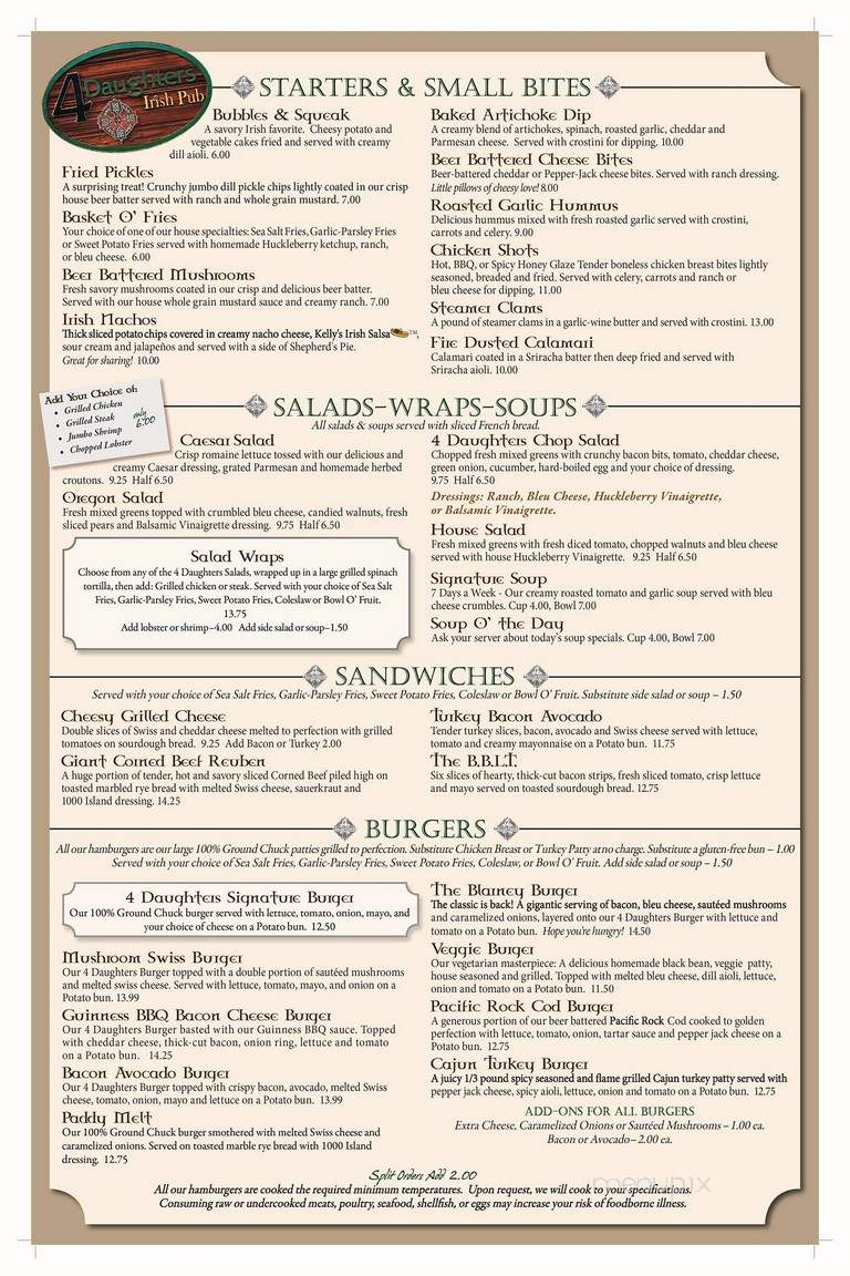 4 Daughters Irish Pub - Medford, OR menu_pic