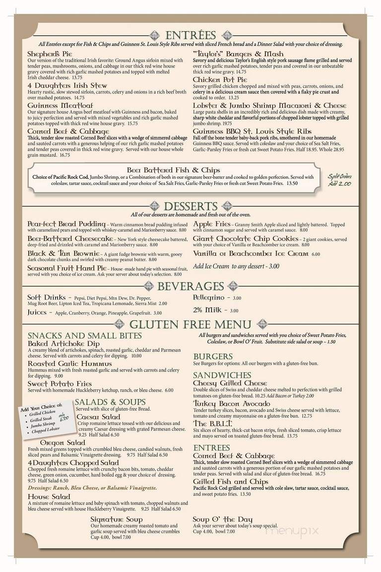 4 Daughters Irish Pub - Medford, OR menu_pic