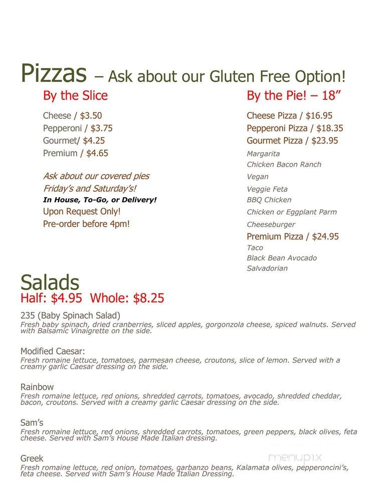 Sam's Pizzeria and Cafe - Northampton, MA menu_pic
