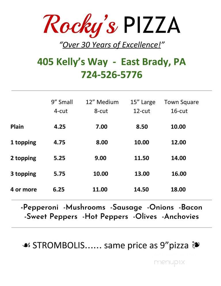 Rocky's Pizza - East Brady, PA menu_pic