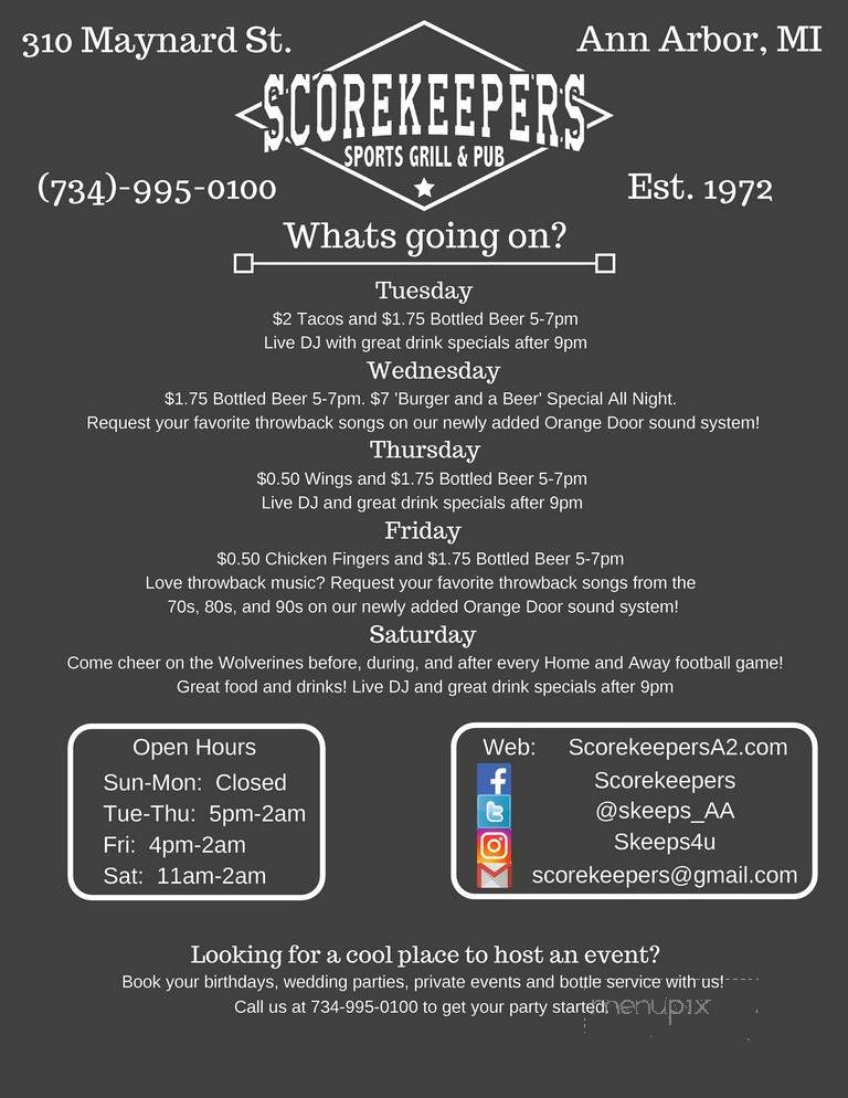 Scorekeepers - Ann Arbor, MI menu_pic