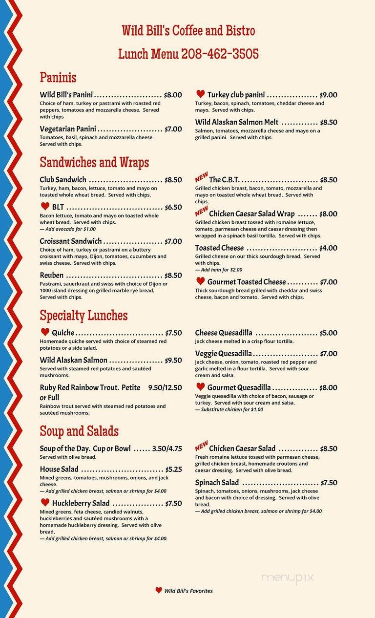 Wild Bill's - Garden Valley, ID menu_pic