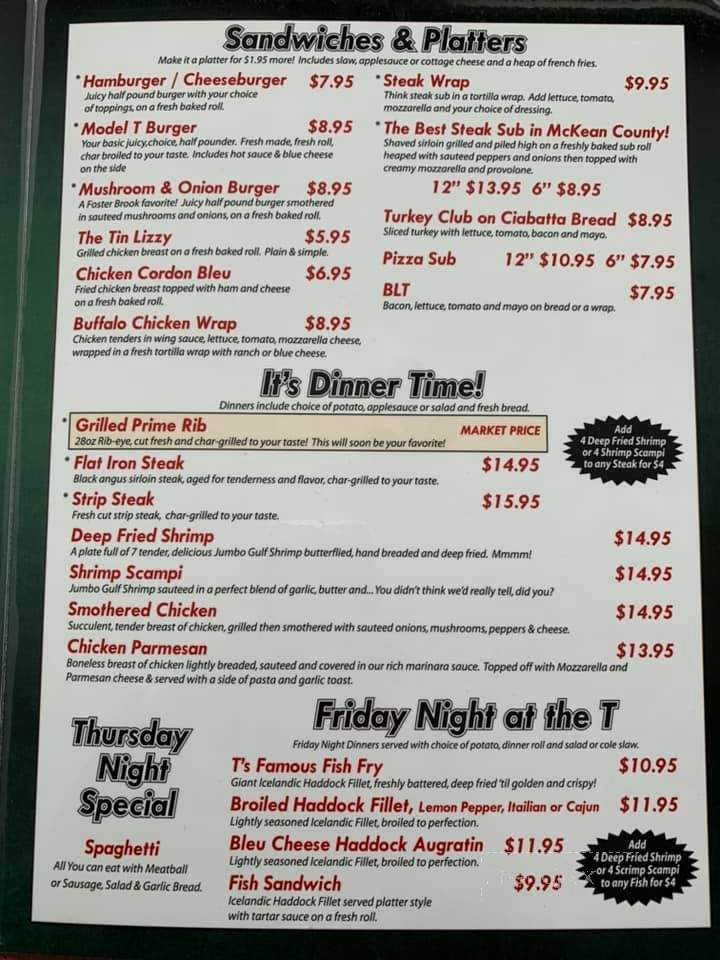 Model T Inn - Bradford, PA menu_pic