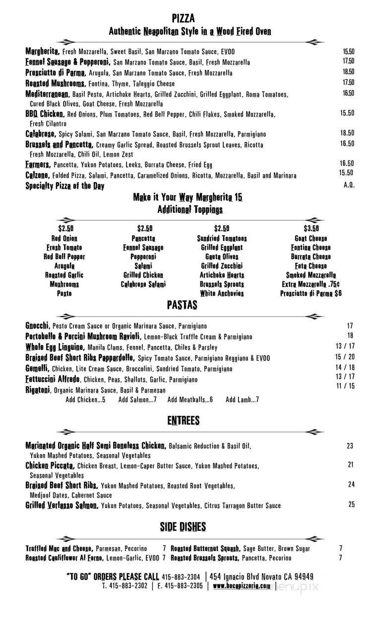 Boca Pizzeria - Novato, CA menu_pic