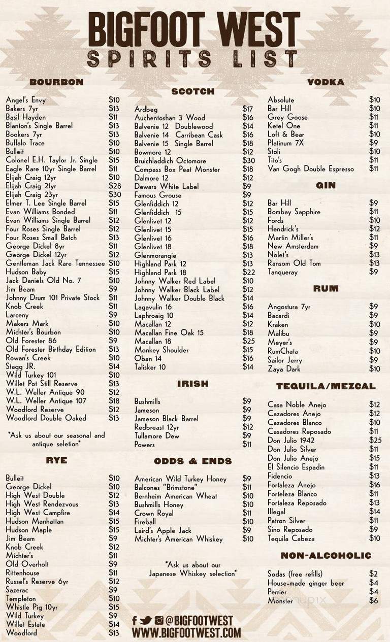 Bigfoot Lodge - Los Angeles, CA menu_pic