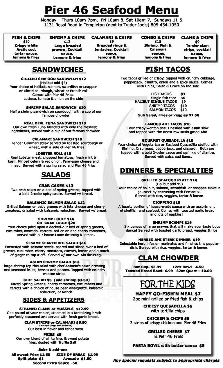 Pier 46 Seafood - Templeton, CA menu_pic