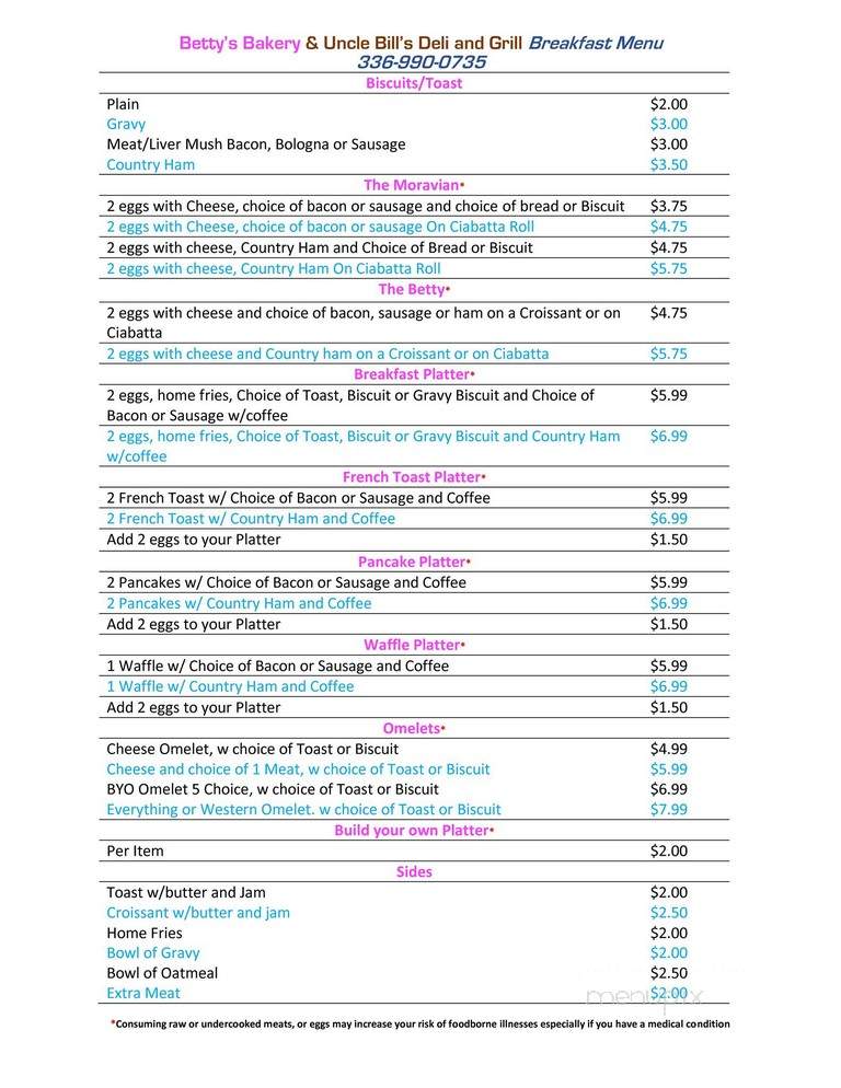 Betty's Breads & Pastries - Hickory, NC menu_pic