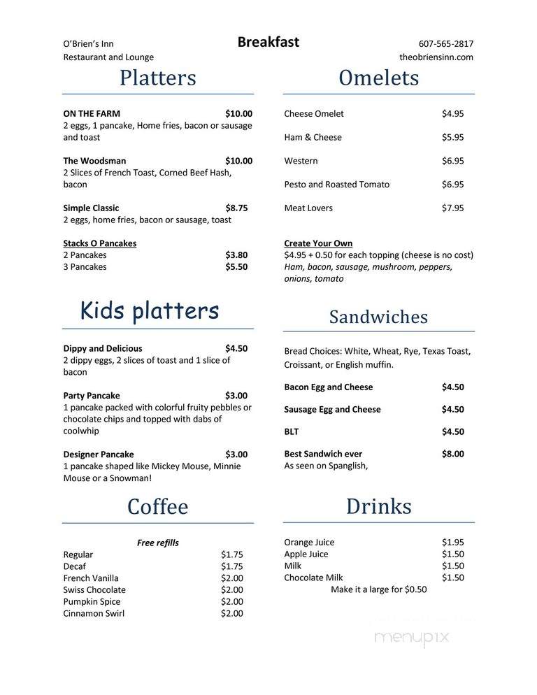 O'Briens Inn - Waverly, NY menu_pic