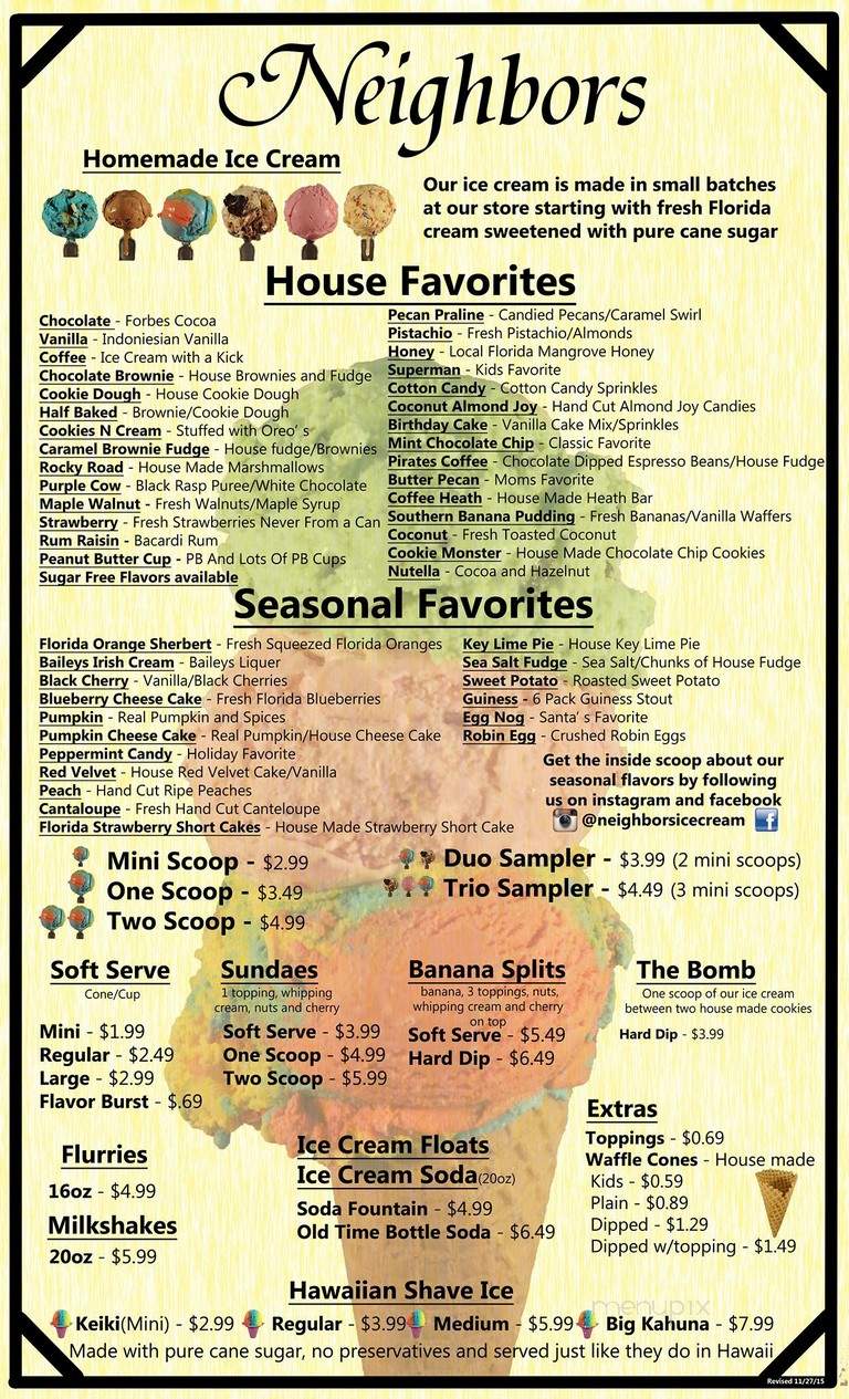 Neighbors Ice Cream Parlor - Port Orange, FL menu_pic