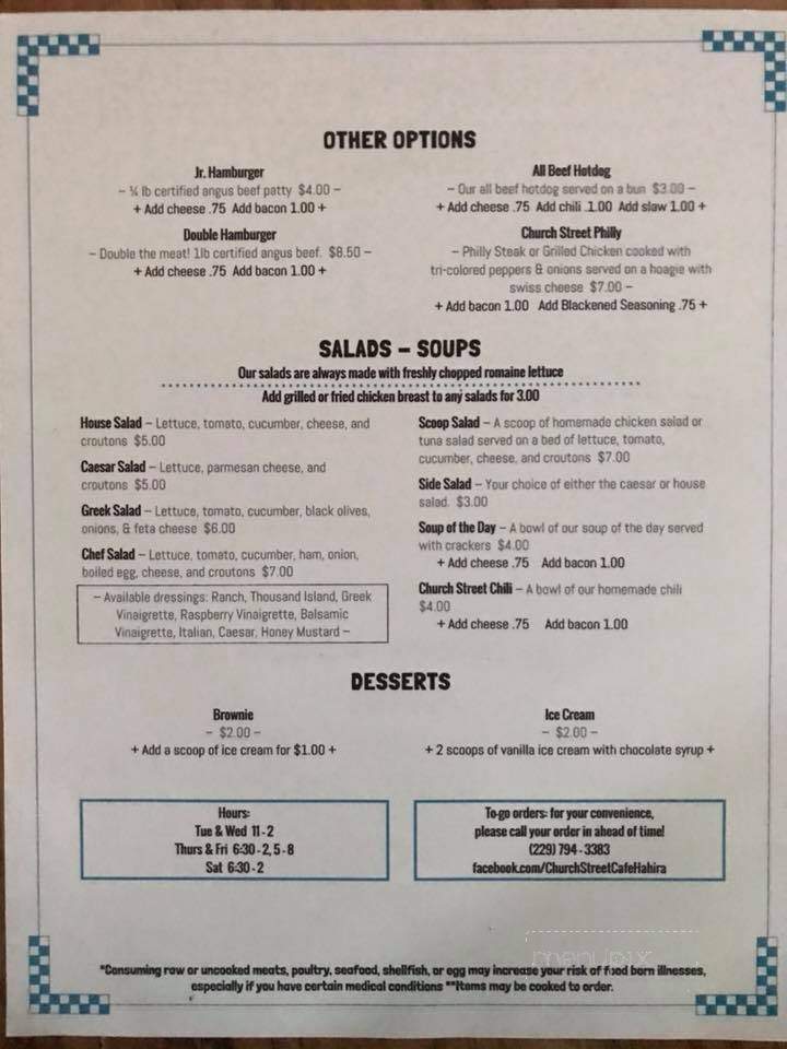 Church Street Coffee - Hahira, GA menu_pic