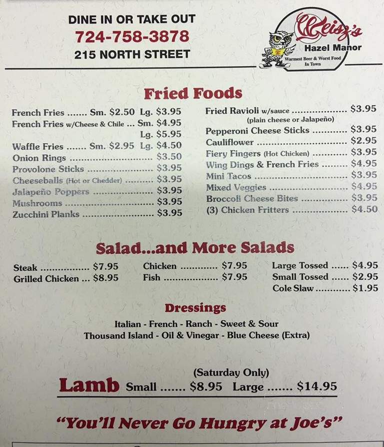 Weisz's Hazel Manor - Ellwood City, PA menu_pic