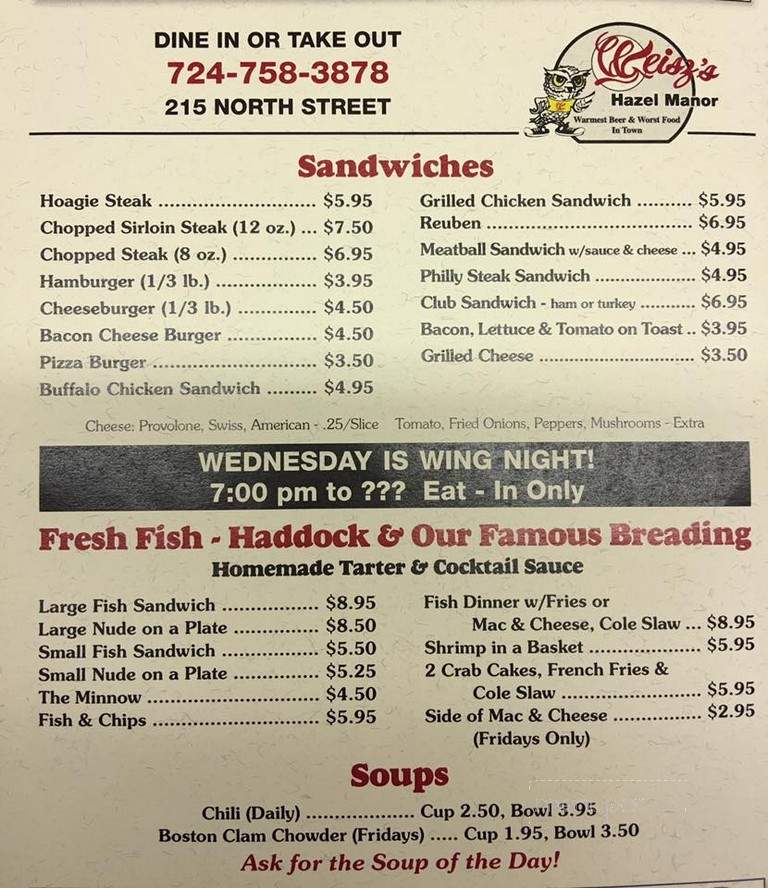 Weisz's Hazel Manor - Ellwood City, PA menu_pic